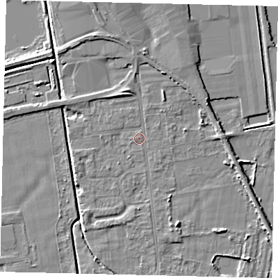 Shaded relief map of the ground around DN197RH, computed from Environment Agency LiDAR. The ground here sits at about 3 m above sea level and falls 5 m across the surrounding 800 m. Surface water reaching this point runs off ground lying to the north-north-east, 2.8 m higher.