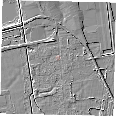 Shaded relief map of the ground around DN197RJ, computed from Environment Agency LiDAR. The ground here sits at about 3 m above sea level and falls 6 m across the surrounding 800 m. Surface water reaching this point runs off ground lying to the north, 3.0 m higher.