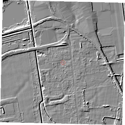 Shaded relief map of the ground around DN197RL, computed from Environment Agency LiDAR. The ground here sits at about 3 m above sea level and falls 6 m across the surrounding 800 m. Surface water reaching this point runs off ground lying to the south-east, 1.6 m higher.