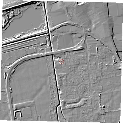 Shaded relief map of the ground around DN197RN, computed from Environment Agency LiDAR. The ground here sits at about 3 m above sea level and falls 6 m across the surrounding 800 m. Surface water reaching this point runs off ground lying to the north-east, 2.9 m higher.