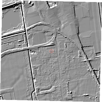Shaded relief map of the ground around DN197RP, computed from Environment Agency LiDAR. The ground here sits at about 3 m above sea level and falls 8 m across the surrounding 800 m. Surface water reaching this point runs off ground lying to the east-north-east, 0.5 m higher.