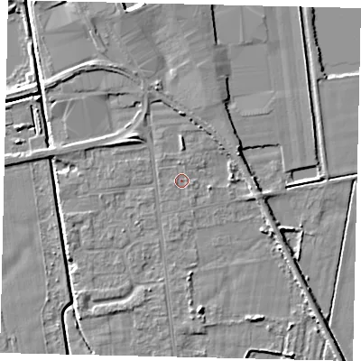 Shaded relief map of the ground around DN197RQ, computed from Environment Agency LiDAR. The ground here sits at about 3 m above sea level and falls 6 m across the surrounding 800 m. The ground contributing surface water to this point lies to the north-north-east.