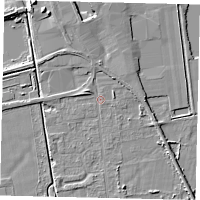 Shaded relief map of the ground around DN197RR, computed from Environment Agency LiDAR. The ground here sits at about 3 m above sea level and falls 8 m across the surrounding 800 m. Surface water reaching this point runs off ground lying to the north-north-west, 3.3 m higher.