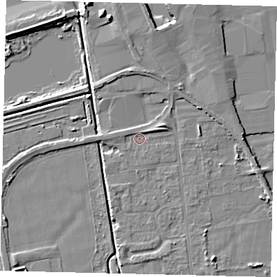 Shaded relief map of the ground around DN197RS, computed from Environment Agency LiDAR. The ground here sits at about 3 m above sea level and falls 8 m across the surrounding 800 m. Surface water reaching this point runs off ground lying to the east-north-east, 2.3 m higher.