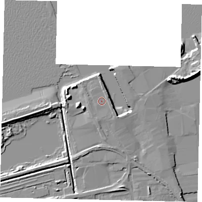 Shaded relief map of the ground around DN197RT, computed from Environment Agency LiDAR. The ground here sits at about 6 m above sea level and falls 9 m across the surrounding 800 m. Surface water reaching this point runs off ground lying to the north, 1.2 m higher.