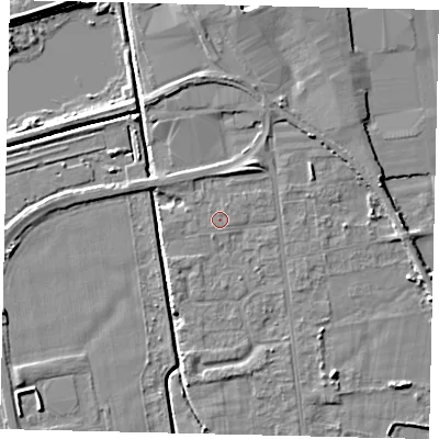 Shaded relief map of the ground around DN197RW, computed from Environment Agency LiDAR. The ground here sits at about 3 m above sea level and falls 6 m across the surrounding 800 m. The ground contributing surface water to this point lies to the east-north-east.