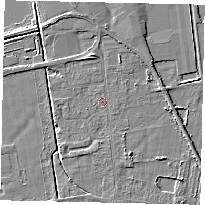 Shaded relief map of the ground around DN197RZ, computed from Environment Agency LiDAR. The ground here sits at about 3 m above sea level and falls 5 m across the surrounding 800 m. Surface water reaching this point runs off ground lying to the north-north-east, 3.3 m higher.