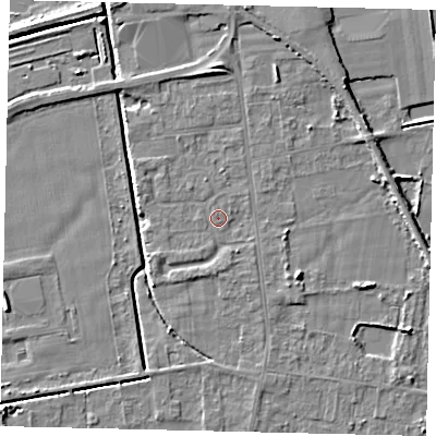 Shaded relief map of the ground around DN197SA, computed from Environment Agency LiDAR. The ground here sits at about 3 m above sea level and falls 5 m across the surrounding 800 m. Surface water reaching this point runs off ground lying to the east-south-east, 1.6 m higher.