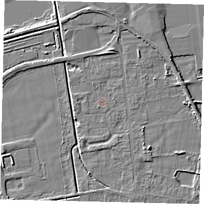 Shaded relief map of the ground around DN197SB, computed from Environment Agency LiDAR. The ground here sits at about 3 m above sea level and falls 5 m across the surrounding 800 m. Surface water reaching this point runs off ground lying to the south-east, 1.6 m higher.