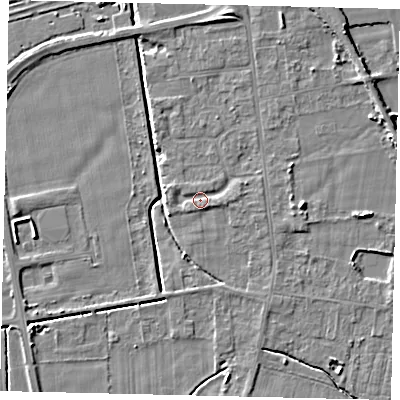 Shaded relief map of the ground around DN197SY, computed from Environment Agency LiDAR. The ground here sits at about 3 m above sea level and falls 5 m across the surrounding 800 m. Surface water reaching this point runs off ground lying to the east-north-east, 1.6 m higher.
