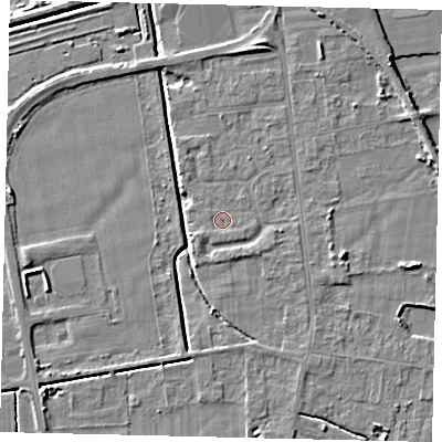 Shaded relief map of the ground around DN197TL, computed from Environment Agency LiDAR. The ground here sits at about 3 m above sea level and falls 5 m across the surrounding 800 m. Surface water reaching this point runs off ground lying to the east, 1.6 m higher.