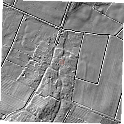 Shaded relief map of the ground around DN197UL, computed from Environment Agency LiDAR. The ground here sits at about 4 m above sea level and falls 9 m across the surrounding 800 m. Surface water reaching this point runs off ground lying to the south-south-east, 1.0 m higher.