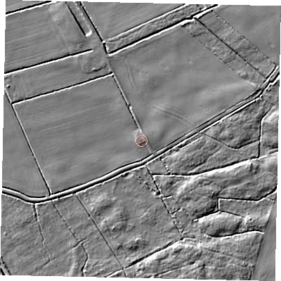Shaded relief map of the ground around DN200BF, computed from Environment Agency LiDAR. The ground here sits at about 4 m above sea level and falls 7 m across the surrounding 800 m. Surface water reaching this point runs off ground lying to the east-north-east, 0.9 m higher.