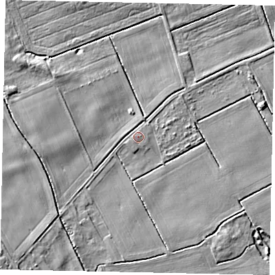 Shaded relief map of the ground around DN200BN, computed from Environment Agency LiDAR. The ground here sits at about 6 m above sea level and falls 16 m across the surrounding 800 m. Surface water reaching this point runs off ground lying to the south-west, 12.6 m higher.