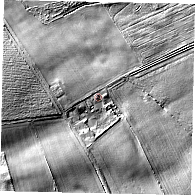 Shaded relief map of the ground around DN200BZ, computed from Environment Agency LiDAR. The ground here sits at about 12 m above sea level and falls 21 m across the surrounding 800 m. Surface water reaching this point runs off ground lying to the west-south-west, 5.4 m higher.
