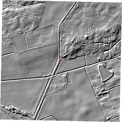 Shaded relief map of the ground around DN200LS, computed from Environment Agency LiDAR. The ground here sits at about 5 m above sea level and falls 8 m across the surrounding 800 m. Surface water reaching this point runs off ground lying to the north-east, 6.3 m higher.