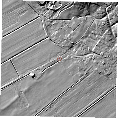 Shaded relief map of the ground around DN200NB, computed from Environment Agency LiDAR. The ground here sits at about 13 m above sea level and falls 31 m across the surrounding 800 m. Surface water reaching this point runs off ground lying to the north-east, 22.3 m higher.