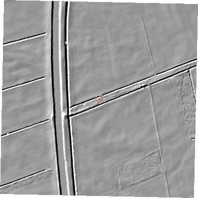 Shaded relief map of the ground around DN200QH, computed from Environment Agency LiDAR. The ground here sits at about 1 m above sea level and falls 5 m across the surrounding 800 m. Surface water reaching this point runs off ground lying to the east-north-east, 3.7 m higher.