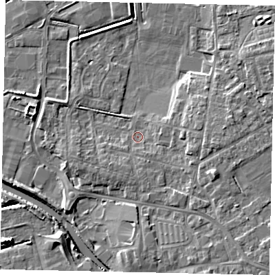 Shaded relief map of the ground around DN208AH, computed from Environment Agency LiDAR. The ground here sits at about 3 m above sea level and falls 7 m across the surrounding 800 m. Surface water reaching this point runs off ground lying to the east-south-east, 5.0 m higher.