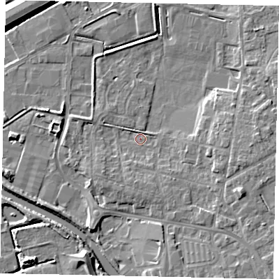 Shaded relief map of the ground around DN208AL, computed from Environment Agency LiDAR. The ground here sits at about 2 m above sea level and falls 7 m across the surrounding 800 m. Surface water reaching this point runs off ground lying to the south-west, 2.9 m higher.
