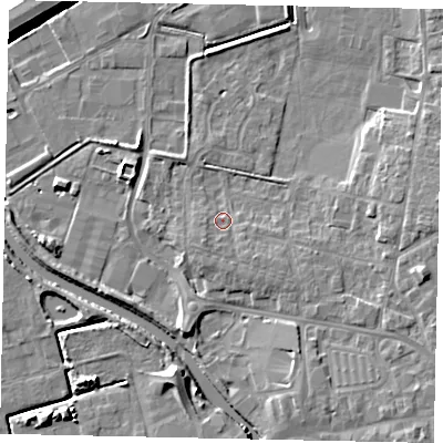 Shaded relief map of the ground around DN208AN, computed from Environment Agency LiDAR. The ground here sits at about 3 m above sea level and falls 7 m across the surrounding 800 m. Surface water reaching this point runs off ground lying to the south-west, 2.1 m higher.