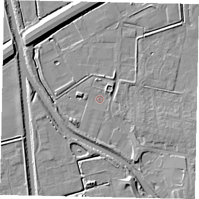 Shaded relief map of the ground around DN208AR, computed from Environment Agency LiDAR. The ground here sits at about 2 m above sea level and falls 9 m across the surrounding 800 m. Surface water reaching this point runs off ground lying to the south-east, 4.3 m higher.