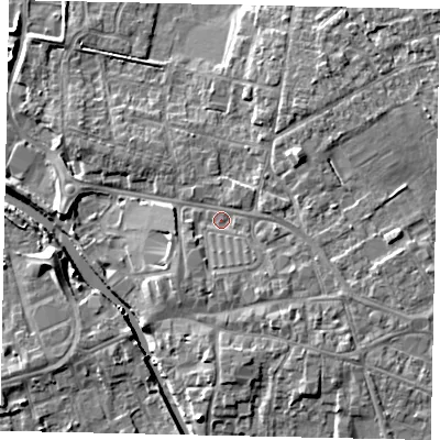 Shaded relief map of the ground around DN208AS, computed from Environment Agency LiDAR. The ground here sits at about 4 m above sea level and falls 7 m across the surrounding 800 m. Surface water reaching this point runs off ground lying to the south-east, 2.9 m higher.