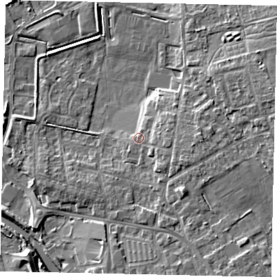Shaded relief map of the ground around DN208AU, computed from Environment Agency LiDAR. The ground here sits at about 4 m above sea level and falls 7 m across the surrounding 800 m. Surface water reaching this point runs off ground lying to the east-south-east, 2.8 m higher.