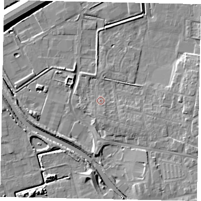 Shaded relief map of the ground around DN208AW, computed from Environment Agency LiDAR. The ground here sits at about 4 m above sea level and falls 9 m across the surrounding 800 m. Surface water reaching this point runs off ground lying to the south-south-east, 1.6 m higher.