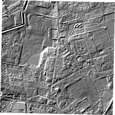 Shaded relief map of the ground around DN208AY, computed from Environment Agency LiDAR. The ground here sits at about 5 m above sea level and falls 7 m across the surrounding 800 m. Surface water reaching this point runs off ground lying to the south-south-east, 2.0 m higher.