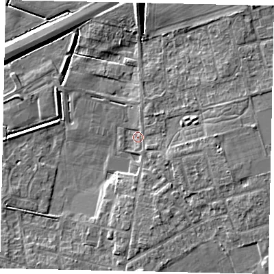 Shaded relief map of the ground around DN208AZ, computed from Environment Agency LiDAR. The ground here sits at about 3 m above sea level and falls 9 m across the surrounding 800 m. Surface water reaching this point runs off ground lying to the north-east, 3.1 m higher.