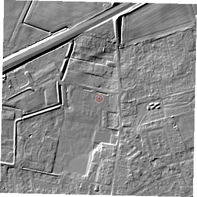 Shaded relief map of the ground around DN208BA, computed from Environment Agency LiDAR. The ground here sits at about 2 m above sea level and falls 9 m across the surrounding 800 m. Surface water reaching this point runs off ground lying to the east-north-east, 2.0 m higher.