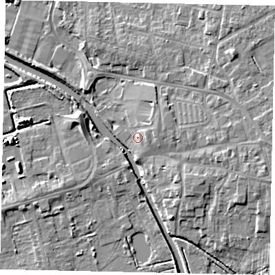 Shaded relief map of the ground around DN208EQ, computed from Environment Agency LiDAR. The ground here sits at about 4 m above sea level and falls 7 m across the surrounding 800 m. Surface water reaching this point runs off ground lying to the east-north-east, 2.5 m higher.