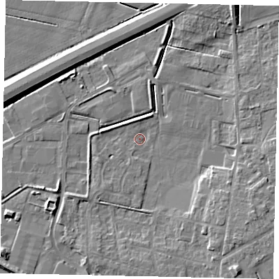 Shaded relief map of the ground around DN208FB, computed from Environment Agency LiDAR. The ground here sits at about 2 m above sea level and falls 7 m across the surrounding 800 m. Surface water reaching this point runs off ground lying to the south-east, 5.2 m higher.