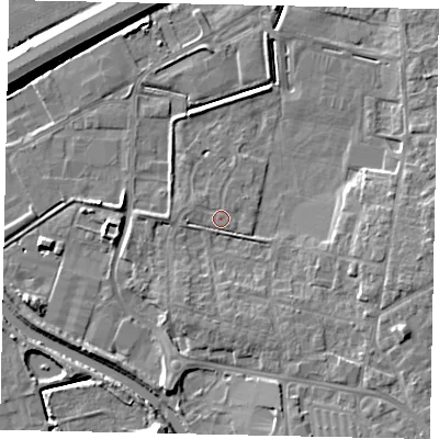 Shaded relief map of the ground around DN208FD, computed from Environment Agency LiDAR. The ground here sits at about 3 m above sea level and falls 7 m across the surrounding 800 m. Surface water reaching this point runs off ground lying to the west, 1.0 m higher.