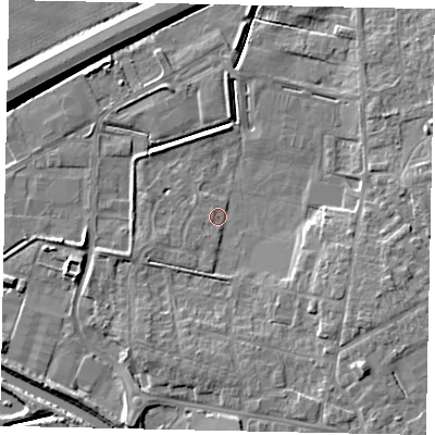 Shaded relief map of the ground around DN208FE, computed from Environment Agency LiDAR. The ground here sits at about 2 m above sea level and falls 7 m across the surrounding 800 m. Surface water reaching this point runs off ground lying to the south-east, 5.7 m higher.