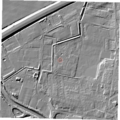 Shaded relief map of the ground around DN208FF, computed from Environment Agency LiDAR. The ground here sits at about 2 m above sea level and falls 9 m across the surrounding 800 m. Surface water reaching this point runs off ground lying to the south-south-east, 0.8 m higher.