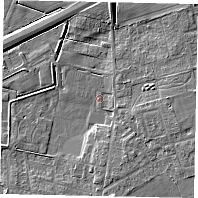Shaded relief map of the ground around DN208FL, computed from Environment Agency LiDAR. The ground here sits at about 2 m above sea level and falls 9 m across the surrounding 800 m. Surface water reaching this point runs off ground lying to the east-south-east, 5.8 m higher.