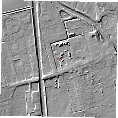 Shaded relief map of the ground around DN208FS, computed from Environment Agency LiDAR. The ground here sits at about 2 m above sea level and falls 6 m across the surrounding 800 m. Surface water reaching this point runs off ground lying to the east-north-east, 4.1 m higher.