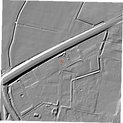 Shaded relief map of the ground around DN208FW, computed from Environment Agency LiDAR. The ground here sits at about 2 m above sea level and falls 9 m across the surrounding 800 m. Surface water reaching this point runs off ground lying to the north-north-west, 1.6 m higher.