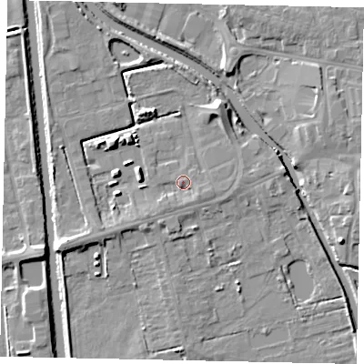 Shaded relief map of the ground around DN208FX, computed from Environment Agency LiDAR. The ground here sits at about 3 m above sea level and falls 6 m across the surrounding 800 m. Surface water reaching this point runs off ground lying to the south-east, 1.7 m higher.
