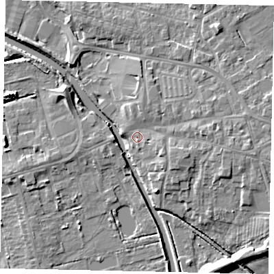 Shaded relief map of the ground around DN208LD, computed from Environment Agency LiDAR. The ground here sits at about 4 m above sea level and falls 8 m across the surrounding 800 m. Surface water reaching this point runs off ground lying to the east, 3.0 m higher.