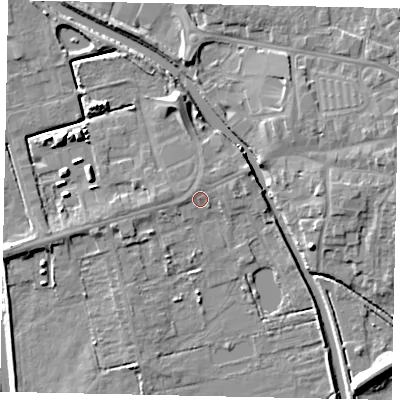 Shaded relief map of the ground around DN208LP, computed from Environment Agency LiDAR. The ground here sits at about 3 m above sea level and falls 8 m across the surrounding 800 m. Surface water reaching this point runs off ground lying to the east-north-east, 1.9 m higher.