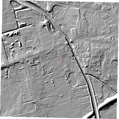 Shaded relief map of the ground around DN208LS, computed from Environment Agency LiDAR. The ground here sits at about 2 m above sea level and falls 8 m across the surrounding 800 m. Surface water reaching this point runs off ground lying to the north-north-east, 2.6 m higher.