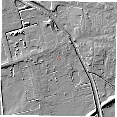 Shaded relief map of the ground around DN208LT, computed from Environment Agency LiDAR. The ground here sits at about 2 m above sea level and falls 8 m across the surrounding 800 m. Surface water reaching this point runs off ground lying to the north-west, 1.4 m higher.