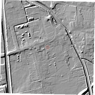 Shaded relief map of the ground around DN208LX, computed from Environment Agency LiDAR. The ground here sits at about 2 m above sea level and falls 8 m across the surrounding 800 m. Surface water reaching this point runs off ground lying to the west, 1.6 m higher.