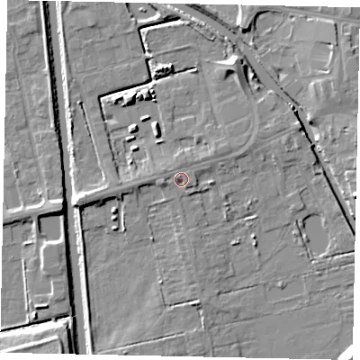 Shaded relief map of the ground around DN208LY, computed from Environment Agency LiDAR. The ground here sits at about 3 m above sea level and falls 8 m across the surrounding 800 m. Surface water reaching this point runs off ground lying to the west, 1.3 m higher.