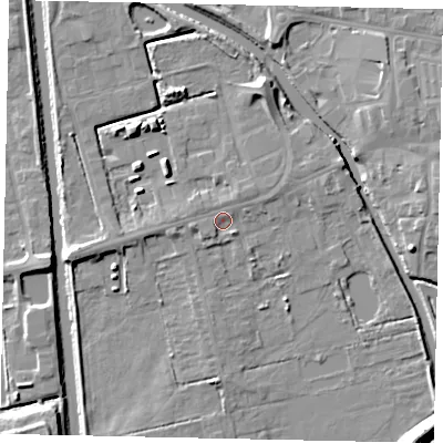 Shaded relief map of the ground around DN208LZ, computed from Environment Agency LiDAR. The ground here sits at about 3 m above sea level and falls 8 m across the surrounding 800 m. Surface water reaching this point runs off ground lying to the south-west, 1.3 m higher.