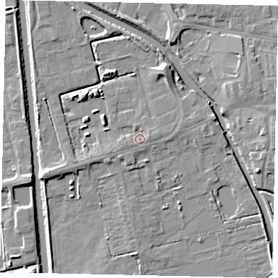 Shaded relief map of the ground around DN208NJ, computed from Environment Agency LiDAR. The ground here sits at about 3 m above sea level and falls 6 m across the surrounding 800 m. Surface water reaching this point runs off ground lying to the east-north-east, 1.5 m higher.