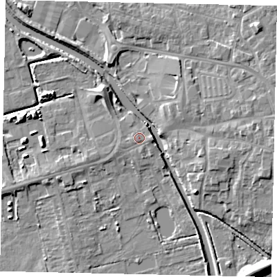 Shaded relief map of the ground around DN208NS, computed from Environment Agency LiDAR. The ground here sits at about 4 m above sea level and falls 8 m across the surrounding 800 m. Surface water reaching this point runs off ground lying to the east, 1.3 m higher.